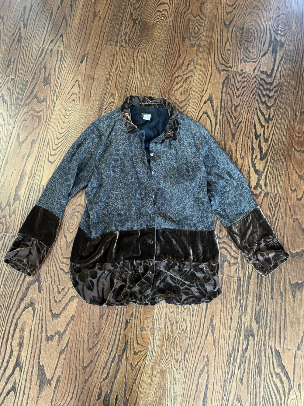 Citron Santa Monica Vintage Silk Velvet Burn Out Trim Button Front Blouse